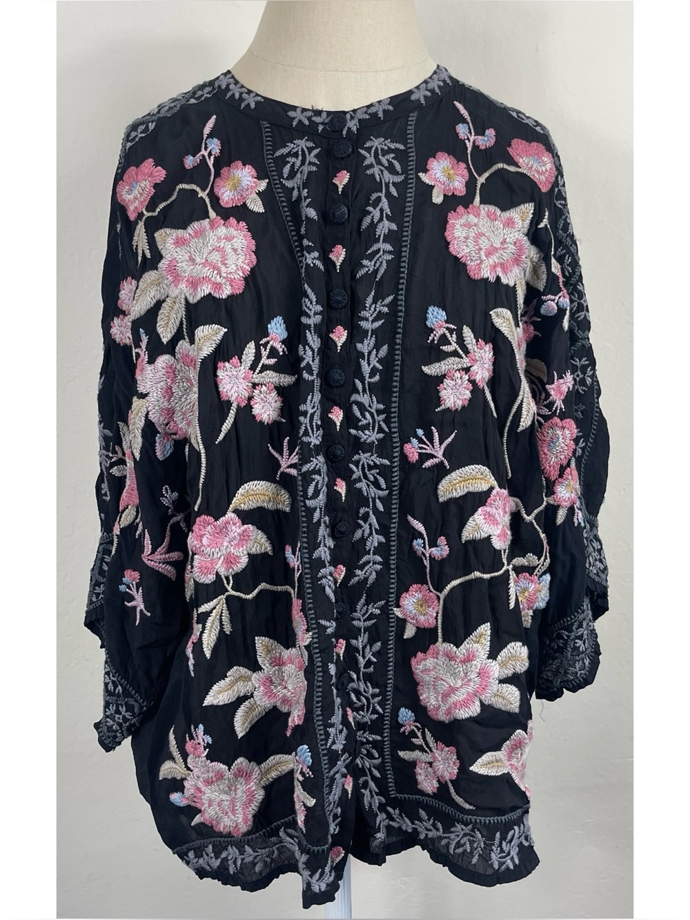 Johnny Was Mulane Embroidered Floral Black Blouse
